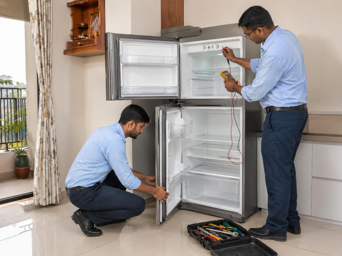 NK Enterprise technicians repairing a refrigerator in Ahmedabad