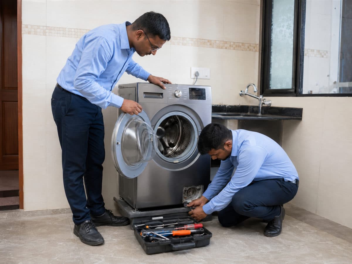 NK Enterprise technicians servicing a washing machine in Ahmedabad